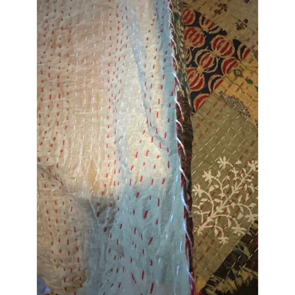 Handmade Kantha Quilt Patchwork Cotton Bedspread Multi Color Hand Stitched